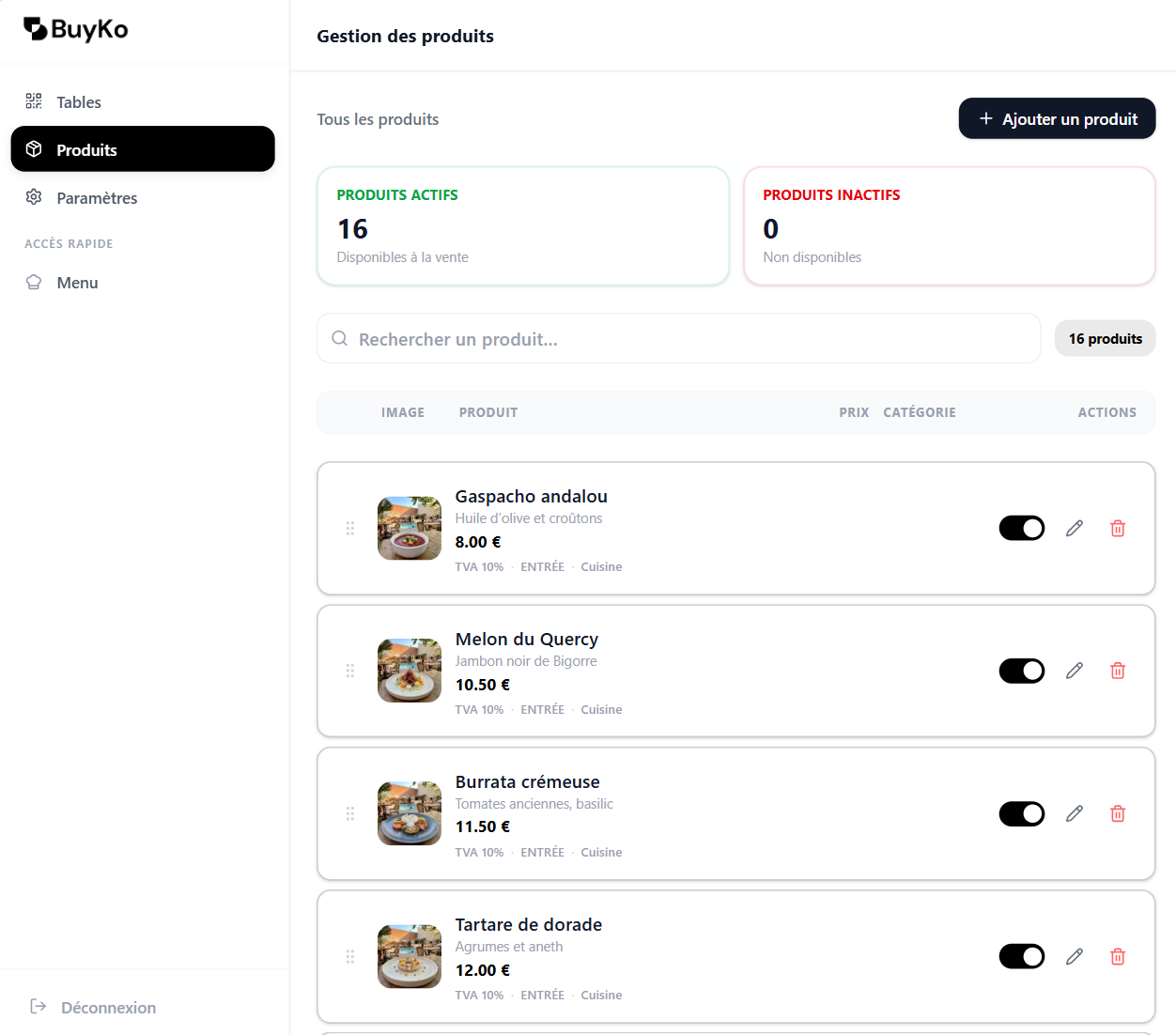 Capture réelle de l’espace de gestion BuyKo : produits actifs, recherche, prix et interrupteurs de disponibilité.